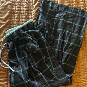 aerie Black & Teal Plaid Wide Leg Pants